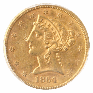 1864 $5 Liberty PCGS AU58 CAC +