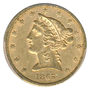 1865-S $5 Liberty PCGS AU58 CAC