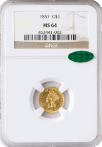1857 $1 Gold Type III NGC MS64 CAC
