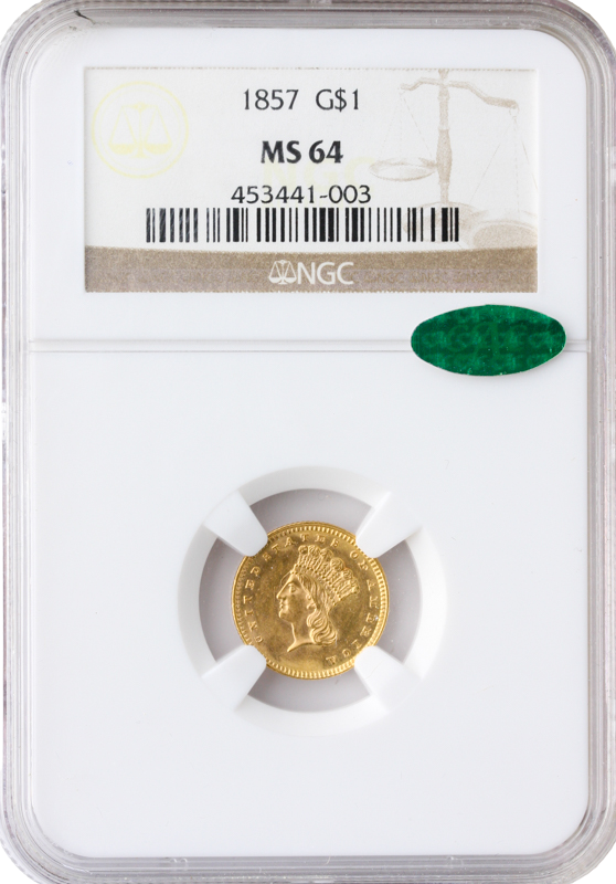 1857 $1 Gold Type III NGC MS64 CAC
