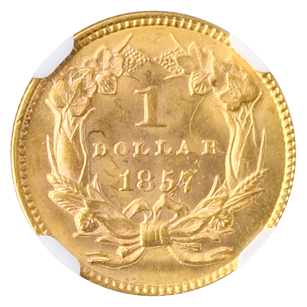 1857 $1 Gold Type III NGC MS64 CAC