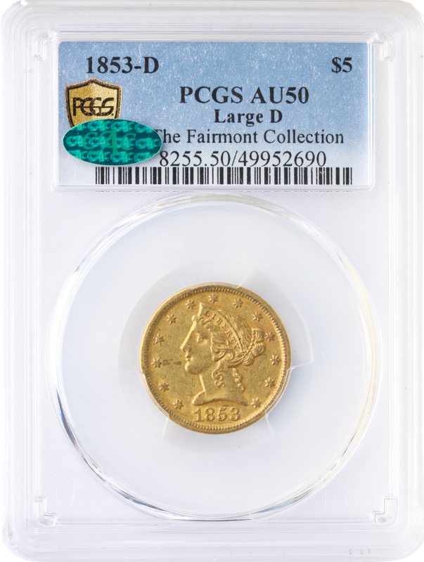 1853-D $5 Liberty Large D PCGS AU50 CAC 1853-D $5 Liberty Large D PCGS AU50 CAC