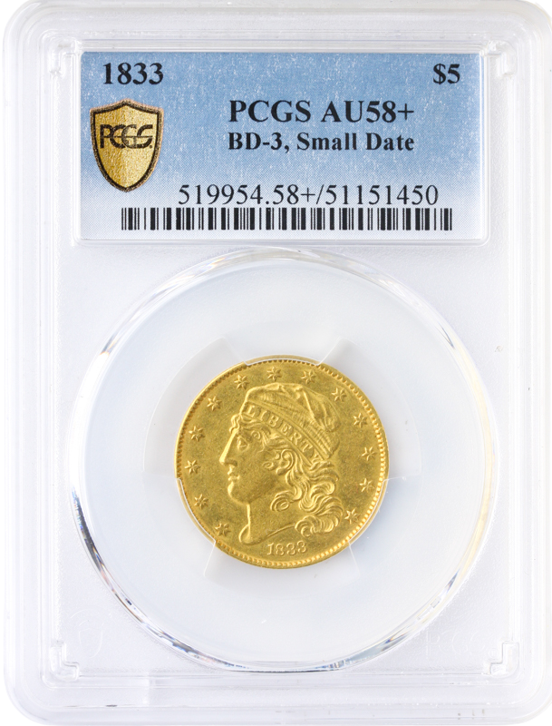 1833 $5 Capped Bust PCGS AU58 +