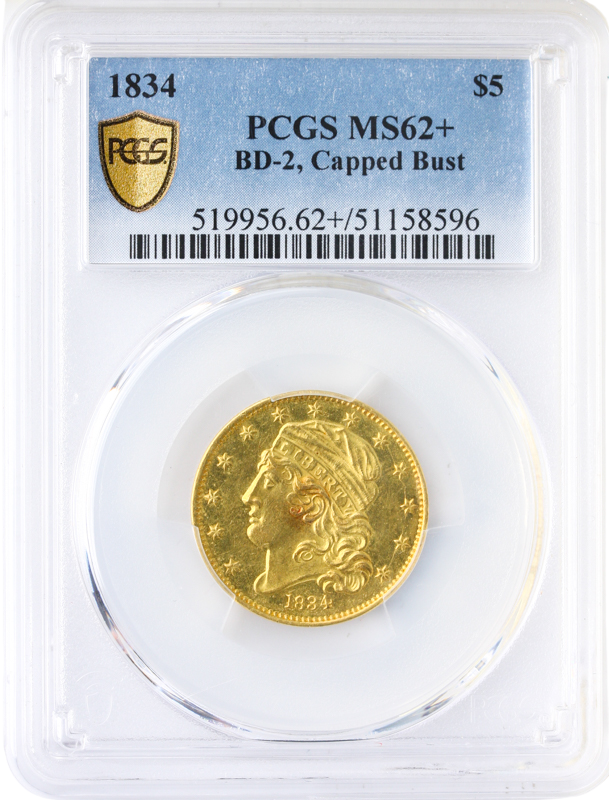 1834 $5 Capped Bust Crosslet 4 PCGS MS62 +