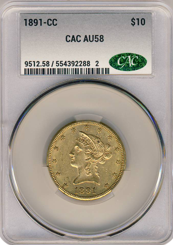 1891-CC $10 Liberty CACG AU58