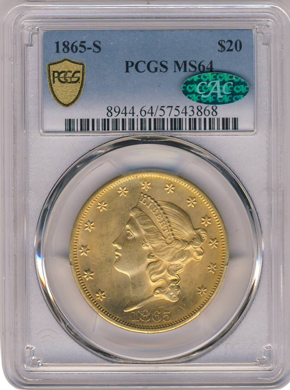 1865-S $20 LIBERTY PCGS MS64 CAC