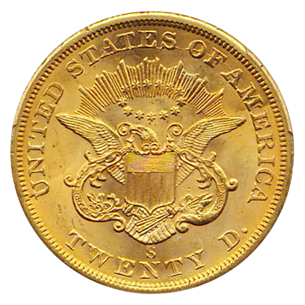 1865-S $20 LIBERTY PCGS MS64 CAC