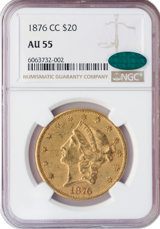1876-CC $20 Liberty Gold Coin NGC AU55 CAC