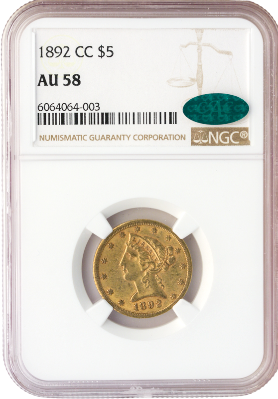 1892-CC $5 Liberty NGC AU58 CAC 1892-CC $5 Liberty NGC AU58 CAC