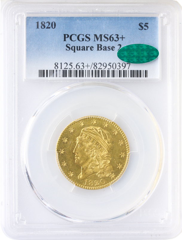 1820 $5 Capped Bust Square Base 2 PCGS MS63 CAC +