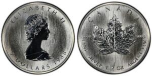 1988 Silver Maple Leaf obverse and reverse sides with Queen Elizabeth II and maple leaf.