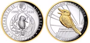Perth Mint 30th Anniversary Kookaburra silver proof coin with selective gold gilding.