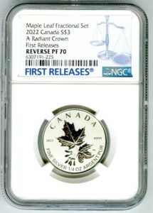 2022 Canadian Silver Maple Leaf quarter-ounce coin in NGC holder, graded Reverse PF 70 First Releases.