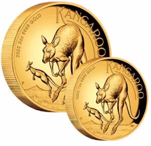 Perth Mint 2022 Australian Kangaroo gold coins in 1 oz and 2 oz sizes. 