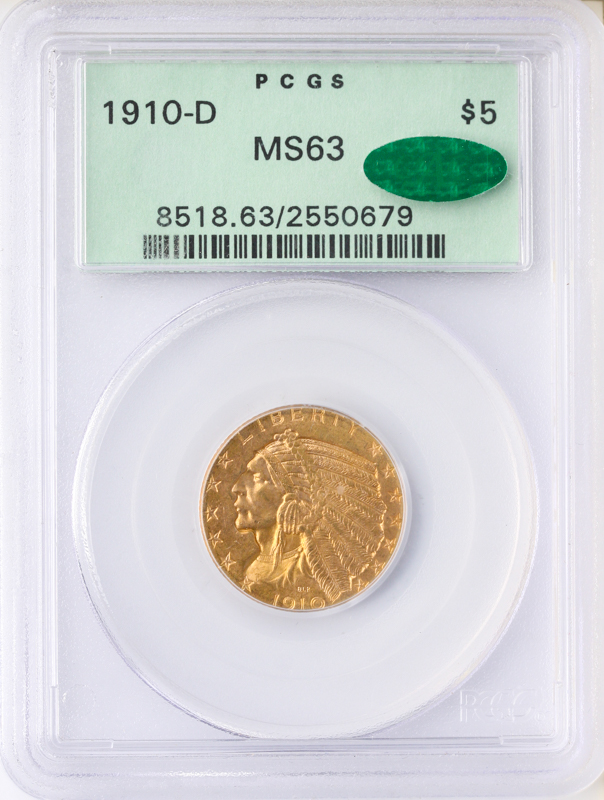 1910-D $5 Indian PCGS MS63 CAC 1910-D $5 Indian PCGS MS63 CAC