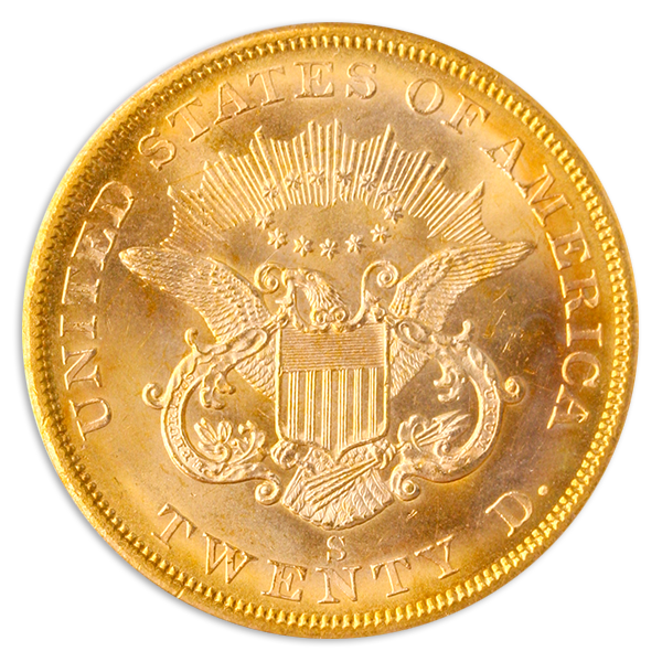 1857-S $20 Liberty SSCA Spiked Shield PCGS MS66 1857-S $20 Liberty SSCA Spiked Shield PCGS MS66