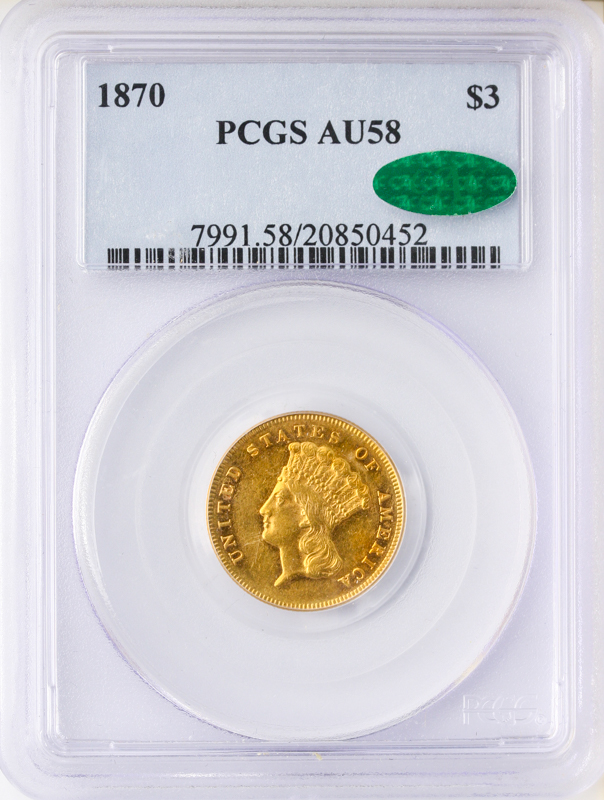 1870 $3 Indian Princess PCGS AU58 CAC 1870 $3 Indian Princess PCGS AU58 CAC