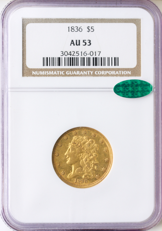 1836 $5 Classic NGC AU53 CAC 1836 $5 Classic NGC AU53 CAC