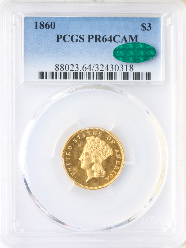 1860 $3 Indian Princess PCGS PR64 Cameo CAC 1860 $3 Indian Princess PCGS PR64 Cameo CAC
