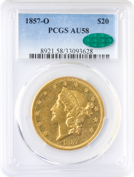 1857-O $20 Libertyy PCGS AU58 CAC 1857-O $20 Libertyy PCGS AU58 CAC