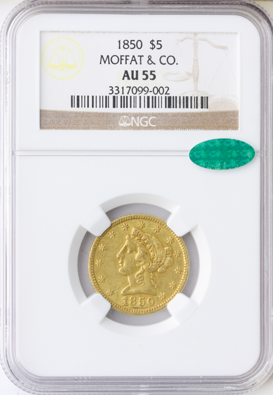 1850 $5 Moffat NGC AU5 CAC 1850 $5 Moffat NGC AU5 CAC