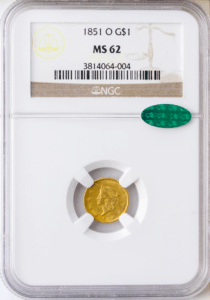 1851-O $1 Gold NGC MS62 CAC