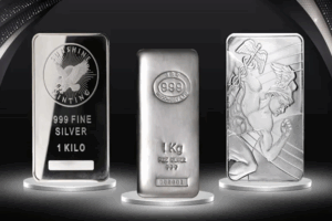 Three 1 kilo silver bars in different styles: minted, cast, and decorative
