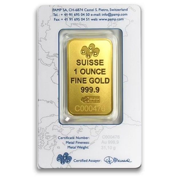 Certified 1 troy ounce gold bar showing 999.9 purity, representing the standard unit for gold spot price quotes. 