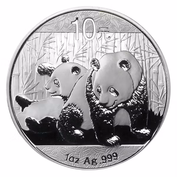 Chinese 10 Yuan Silver Panda coin showing two pandas in bamboo forest, marked 1oz Ag .999 fine silver.