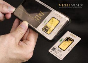 PAMP Suisse Veriscan bullion identification security system with smartphone authentication of gold bars in tamper-evident packaging.