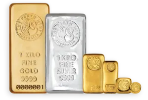 Perth Mint gold and silver bars in various sizes from a 1 kilo bullion bar to smaller denominations showing relative scale and swan logo designs.