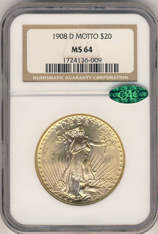 1908-D $20 Saint Gaudens No Motto NGC MS64 CAC 1908-D $20 Saint Gaudens No Motto NGC MS64 CAC