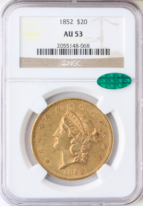 1852 $20 Liberty NGC AU53 CAC 1852 $20 Liberty NGC AU53 CAC
