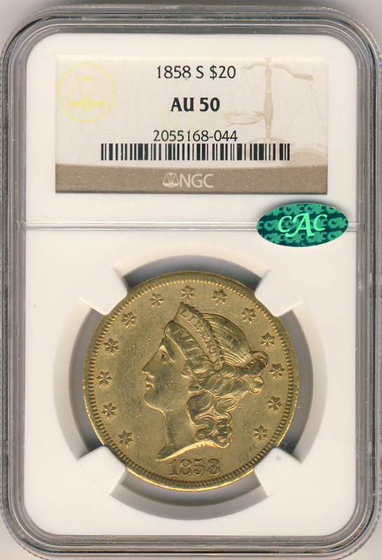 1858-S $20 Liberty NGC AU50 CAC 1858-S $20 Liberty NGC AU50 CAC