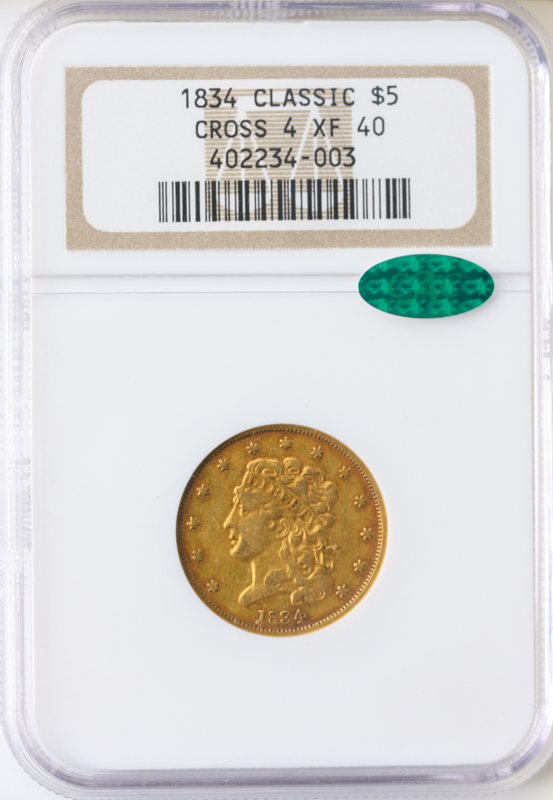 1834 $5 Classic Crosslet NGC XF40 CAC