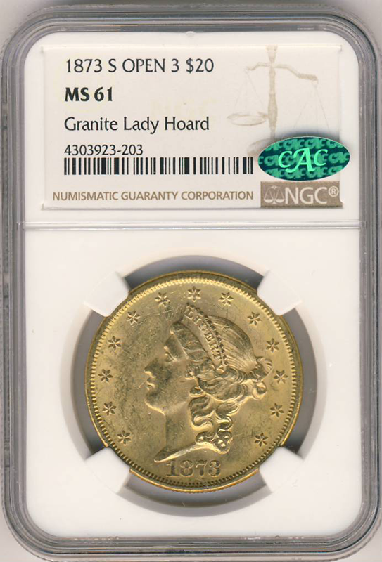 1873-S $20 Liberty Open 3 NGC MS61 CAC 1873-S $20 Liberty Open 3 NGC MS61 CAC