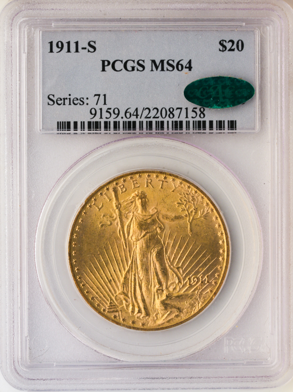 1911-S $20 Saint Gaudens PCGS MS64 CAC 1911-S $20 Saint Gaudens PCGS MS64 CAC