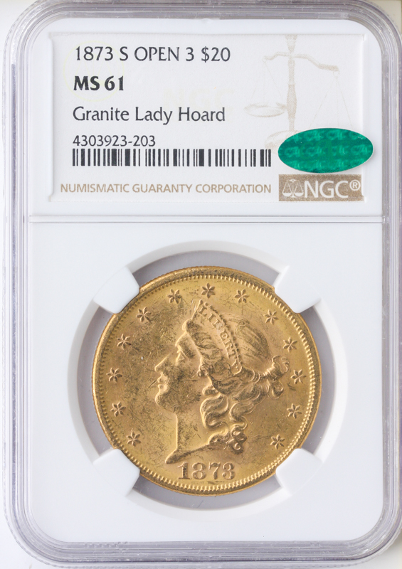 1873-S $20 Liberty Open 3 NGC MS61 CAC 1873-S $20 Liberty Open 3 NGC MS61 CAC