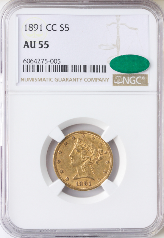 1891-CC $5 Liberty NGC AU55 CAC 1891-CC $5 Liberty NGC AU55 CAC