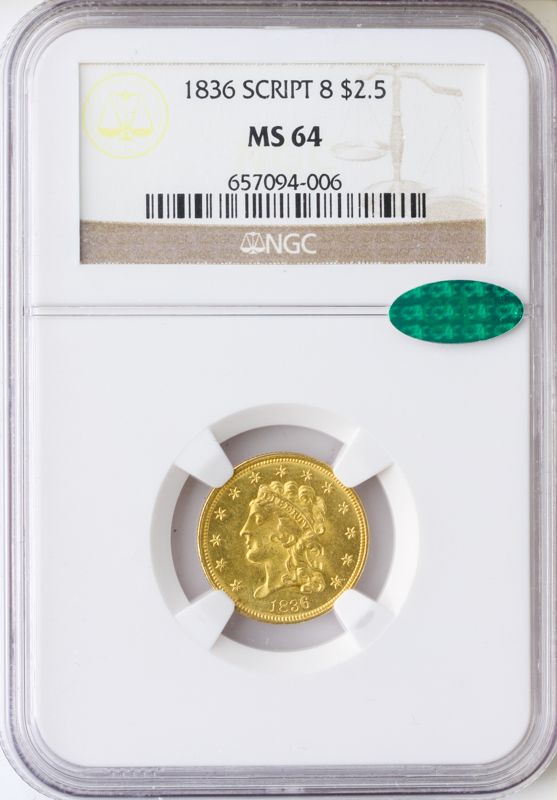1836 $2.50 Classic Script 8 NGC MS64 CAC