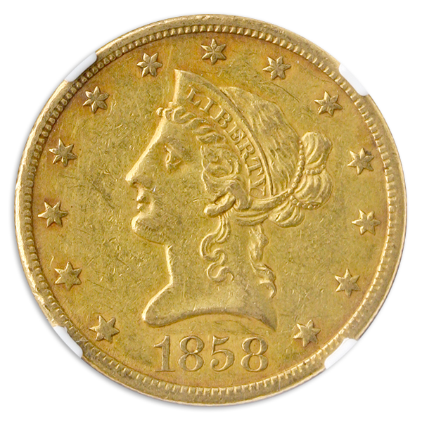 1858-O $10 Liberty NGC AU55 CAC 1858-O $10 Liberty NGC AU55 CAC