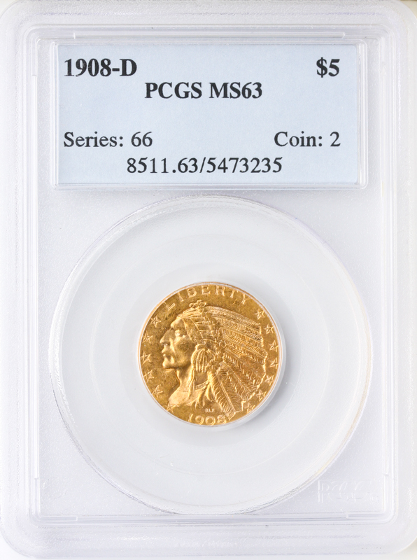 1908-D $5 Indian PCGS MS63 1908-D $5 Indian PCGS MS63