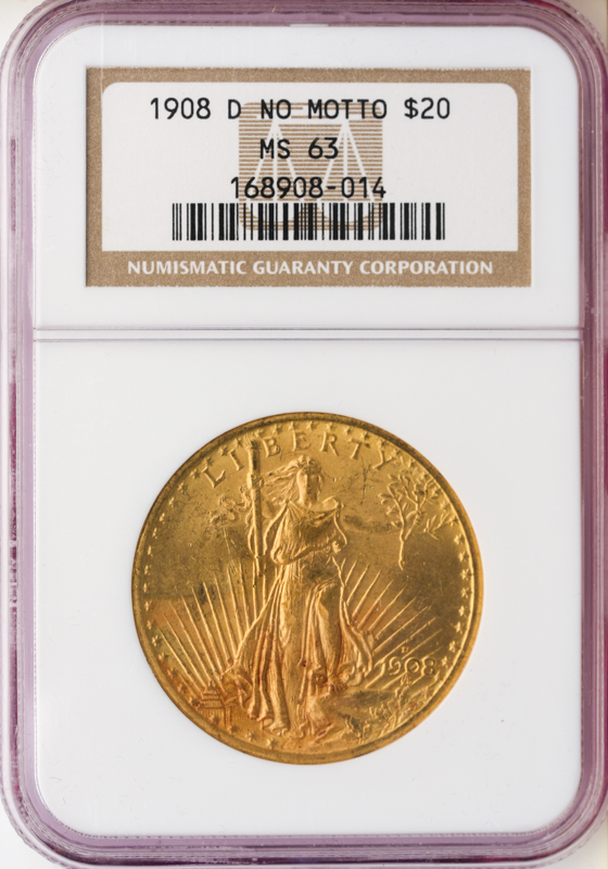 1908-D No Motto $20 Saint Gaudens NGC MS63