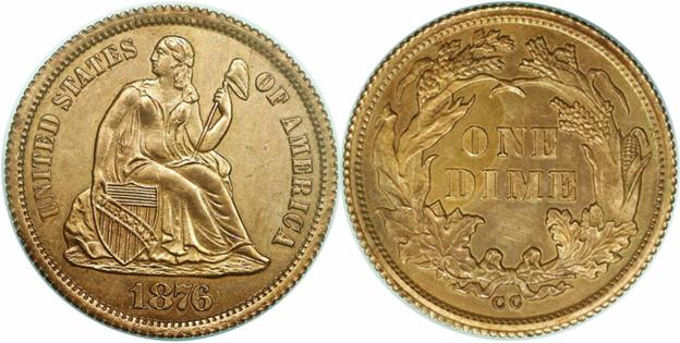 1876-CC Seated Liberty dime J-1453a die trial proof showing Liberty seated with shield and staff on obverse and ONE DIME within agricultural wreath with CC mintmark below on reverse