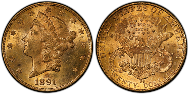 1891 Carson City $20 gold Double Eagle showing Liberty Head with coronet on obverse and eagle with shield and CC mintmark on reverse, displaying original gold luster