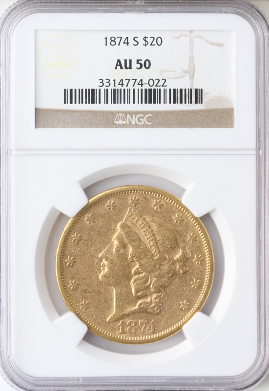 1874-S $20 Liberty NGC AU50 1874-S $20 Liberty NGC AU50
