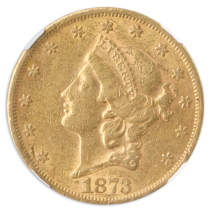 1873 $20 Liberty Open 3 NGC AU50