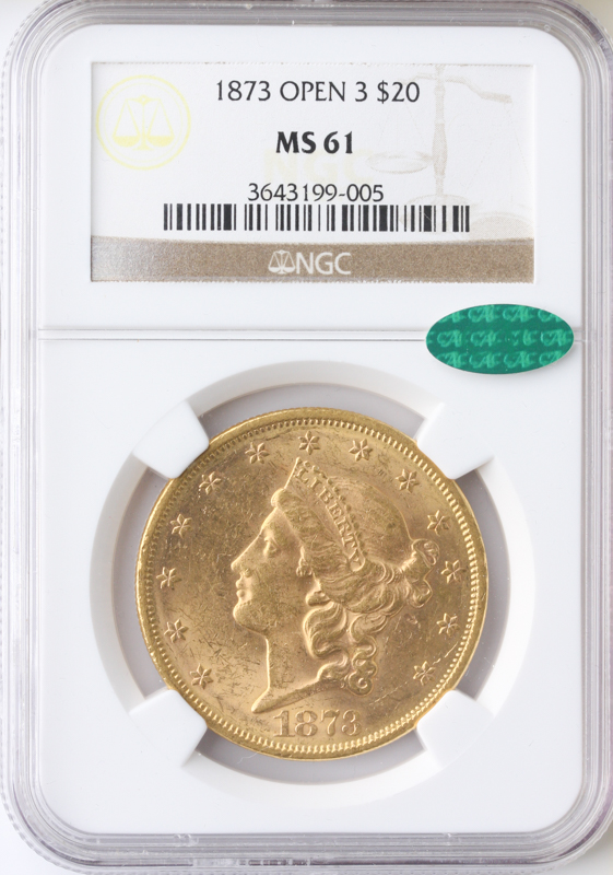 1873 $20 Liberty Open 3 NGC MS61 CAC
