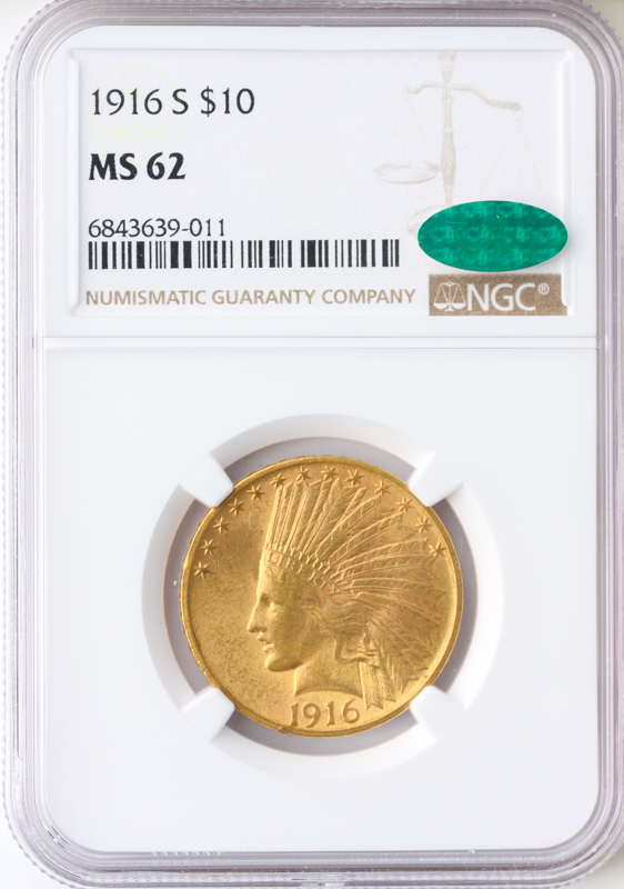 1916-S $10 Indian NGC MS62 CAC 1916-S $10 Indian NGC MS62 CAC