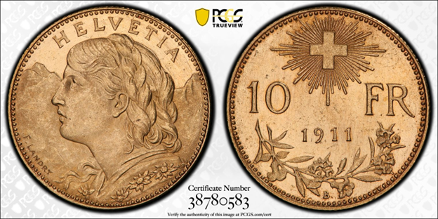 Helvetia portrait on obverse and Swiss cross with rays and wreath on reverse of 1911 Swiss 10 franc gold coin 